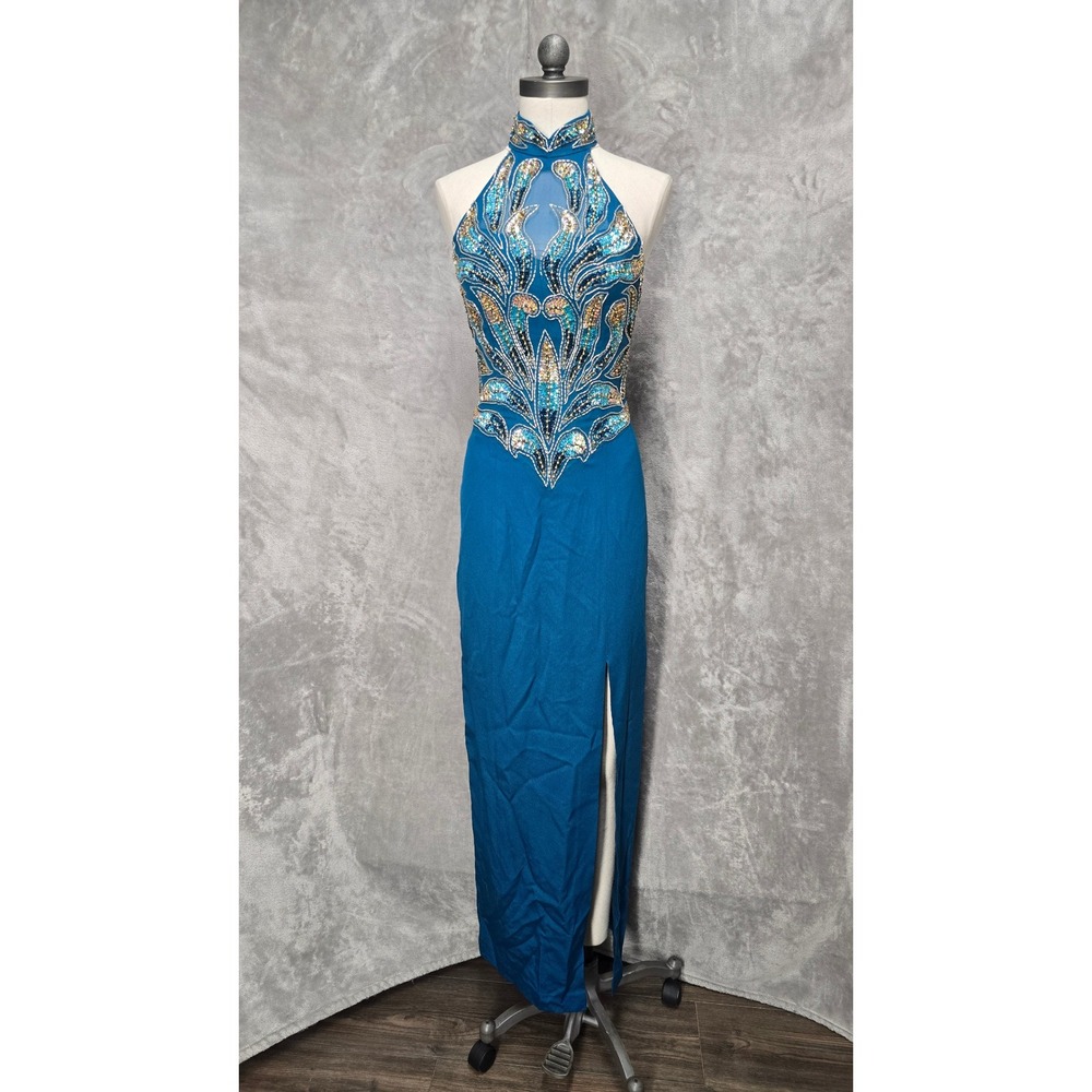 Alyce Design Teal 100% Silk Beaded Sequin Halter Gown Dress Vintage Prom Mermaid
